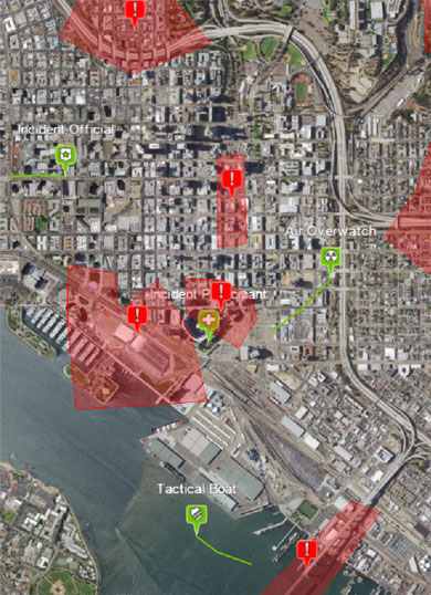 A Common Operating Picture over an urban area displays hazards, shape files to denote particular areas of activity, key personnel or objects, and more.  