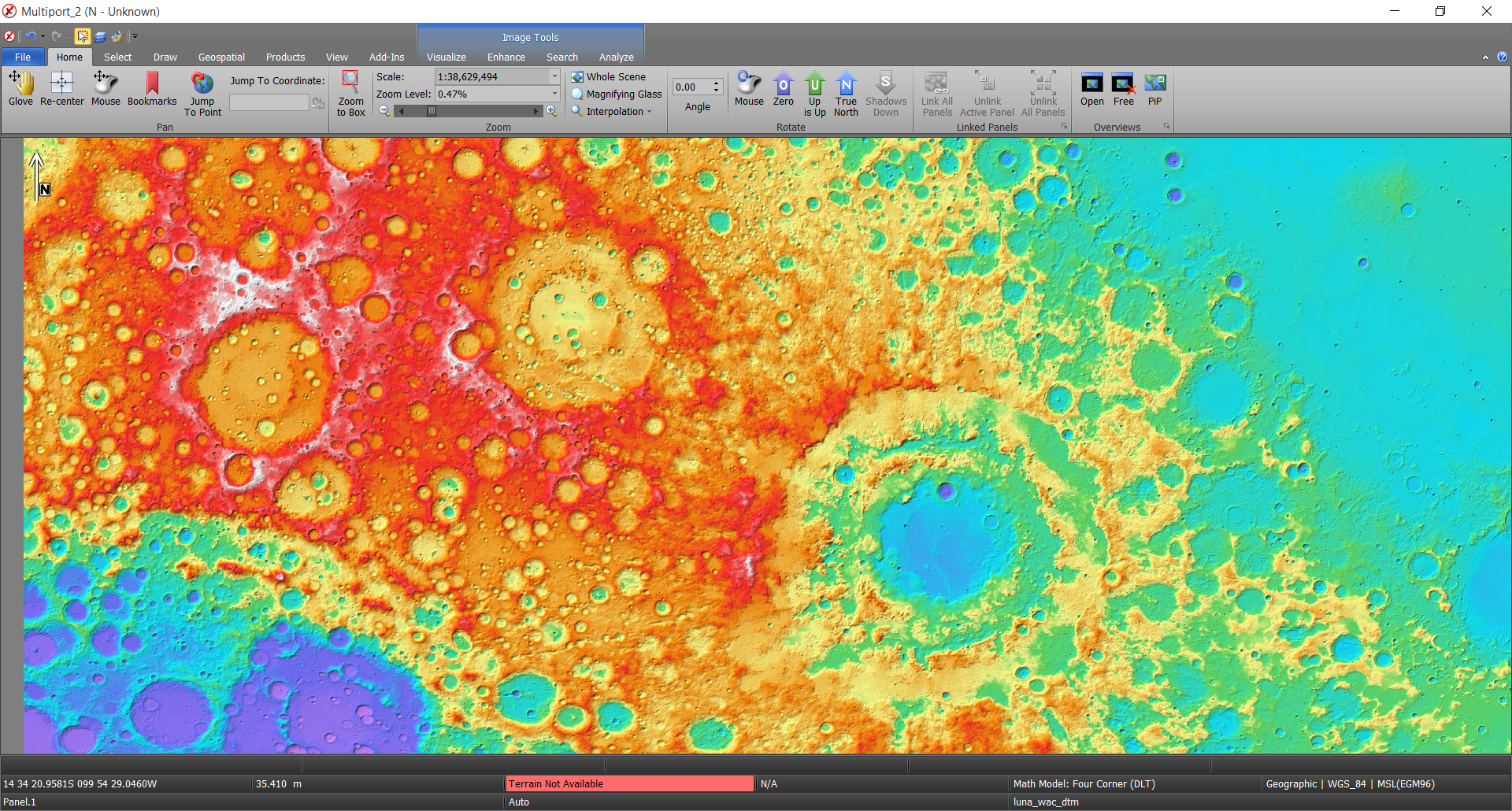 A spatial model of the surface of the moon generated by terrain analysis software