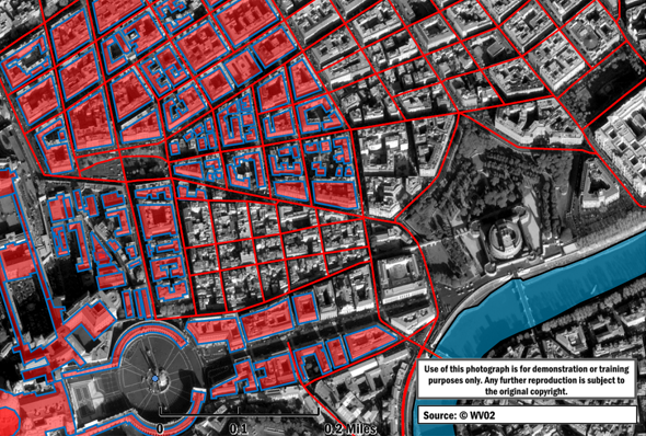 A GeoPDF® of Rome, Italy with roads and buildings drawn as vector shapes. SOCET GXP is capable of creating both 2D and 3D GeoPDF® products. Imagery courtesy of Maxar.