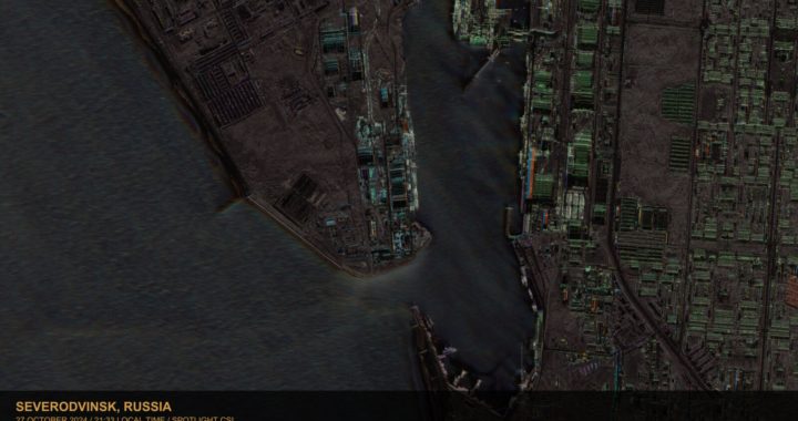 SAR CSI of an industrial port at Severodvinsk, Russia, with colorization from collection platform look-angle.